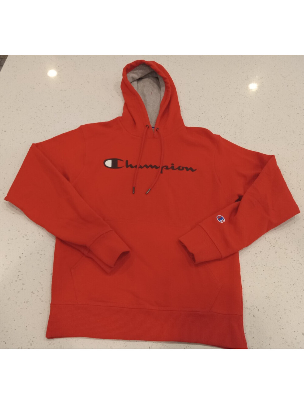 Champion Hoodie Mens Small Red Black Script Logo Pullover Kangaroo Pocket S